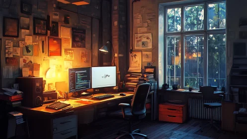 Programmer workstation in dim study with dual monitors.
