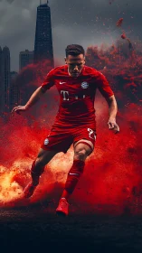Soccer player in red kit sprints through red explosive dust