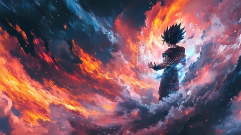 Energetic warrior in turbulent chromatic storm vortex field.