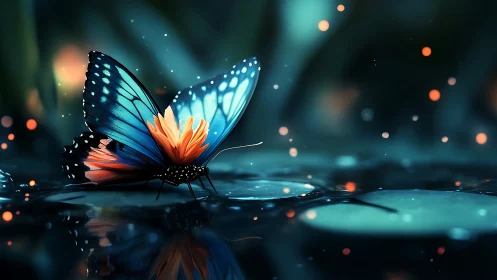 Luminous blue butterfly rests on water in a dreamy twilight pond