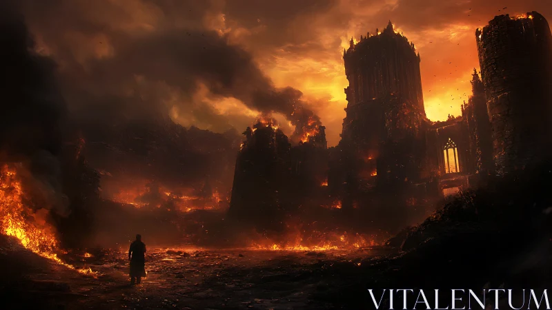 Volcanic citadel collapse under infernal atmospheric glow.