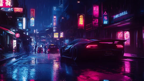 Neon-soaked supercar prowling through rainy cyberpunk alleyways.
