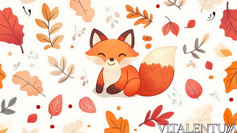 Playful cartoon fox rests amid scattered autumn leaves.