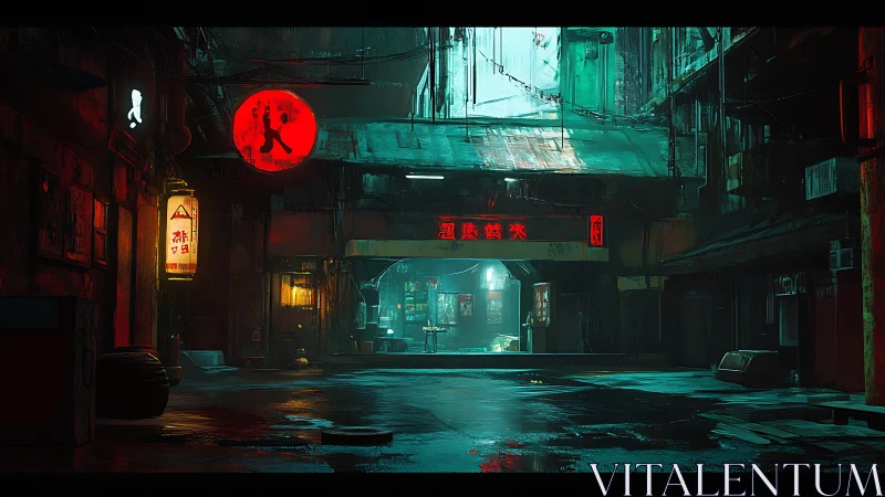 Neon-soaked alleyway under teal rainlit overpass.