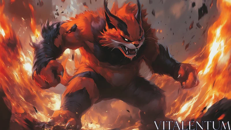 Fire elemental beast charging through erupting inferno battlefield