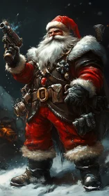 Battle-hardened Santa warrior in snow-laden environment.