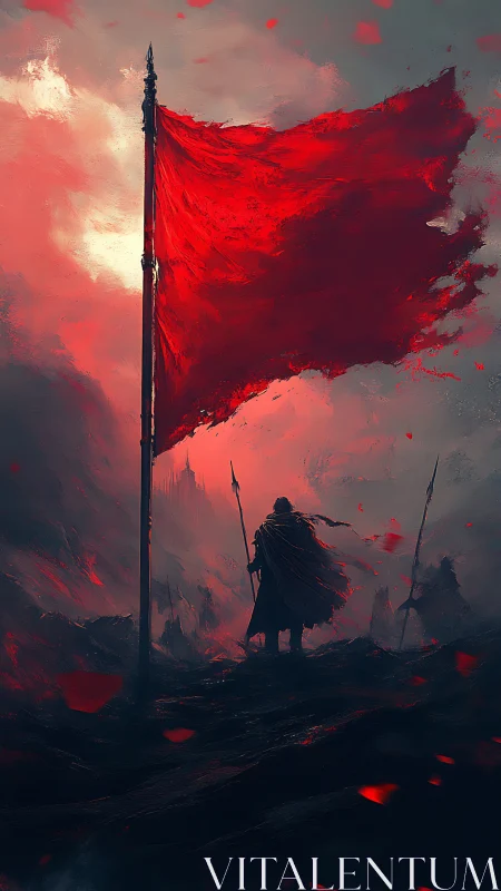 Solitary cloaked warrior beneath tattered crimson war banner