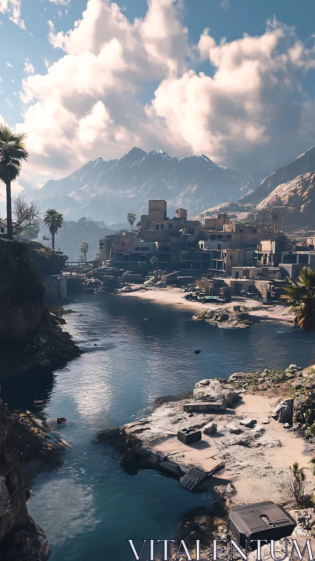 Coastal Settlement Against Alpine Backdrop in Dramatic Daylight.