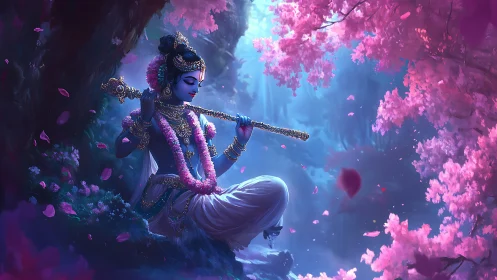 Moonlit blue deity serenades a blossom-drenched forest.