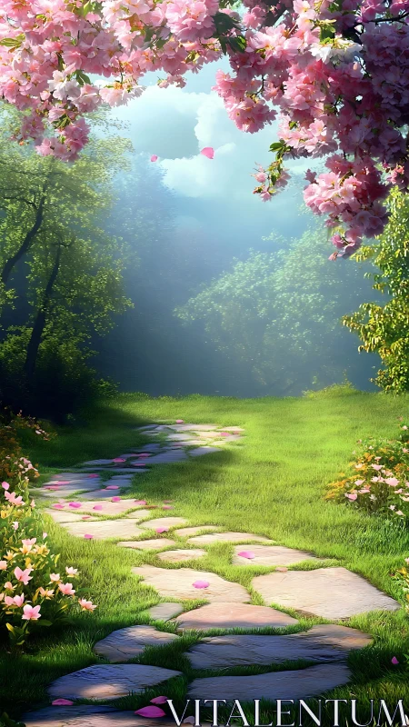 Blossom-draped garden path drifting into springlight dreams.