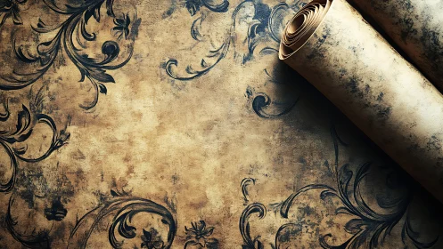 Rolled vintage scroll with dark ornamental floral pattern