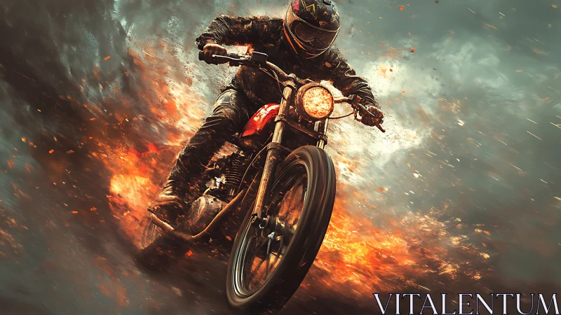 Motorcyclist drives through exploding fire and sparks.