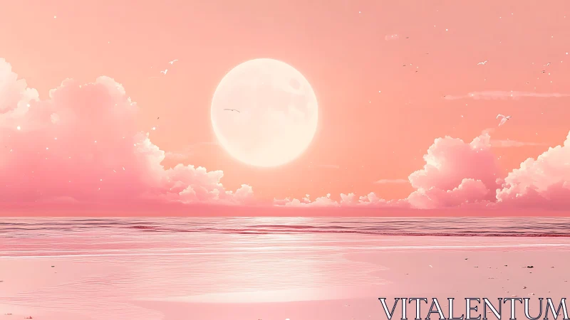 Large low moon is centered above a monochrome pink sea