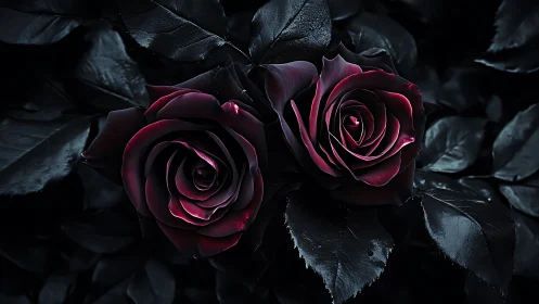 Deep Crimson Roses Bloom Against Dramatic Black Foliage