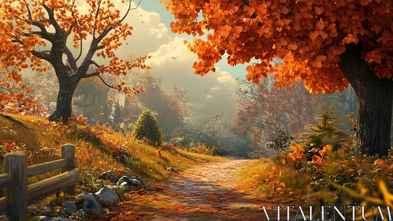 Golden autumn lane where wandering daylight lingers long.