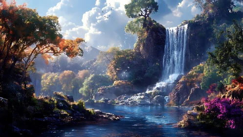Digital landscape of waterfall, lake, and forest scene.