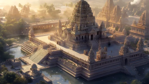 Stone temple complex with waterways in soft morning light.