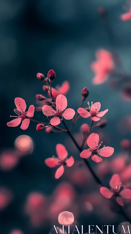 Pink flowers against blurred teal background with shallow depth focus.