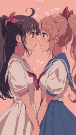 Two schoolgirls standing face to face in anime style illustration.