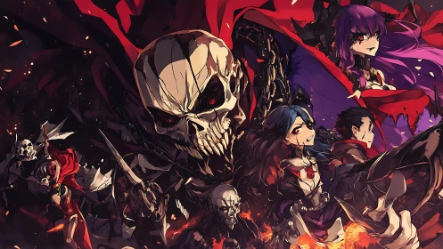 High-contrast skeletal warlord leads multi-character anime battle tableau