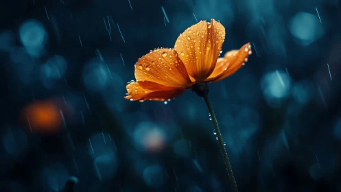 Orange Flower in Rain Against Teal Bokeh Background