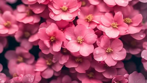 Pink Camellia Blooms with Dewy Petals in Macro Focus.