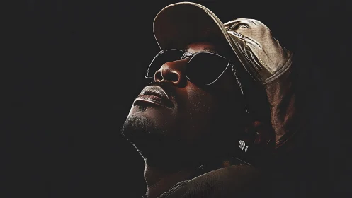 Low‑key lit portrait isolates upward gaze under deep contrast