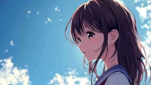 Quiet daydreams with a thoughtful girl under blue skies.
