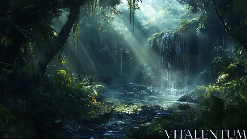 Luminous Jungle Waterfall: Atmospheric Digital Landscape.