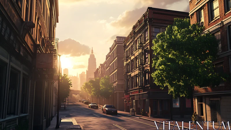 Sunlit urban street perspective with warm evening glow.
