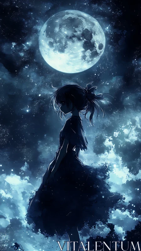 Moonlit silhouette girl drifting through star-drenched clouds.