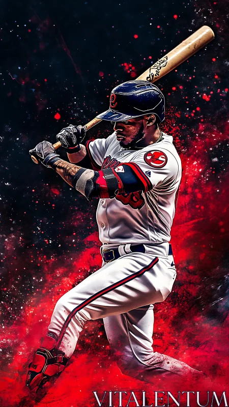 Slugger ignites crimson cosmos in explosive swing portrait.