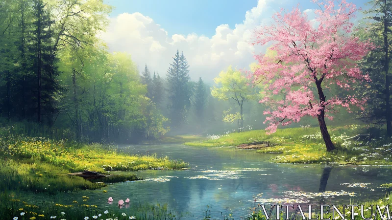 Spring woodland pond with flowering tree and soft mist.