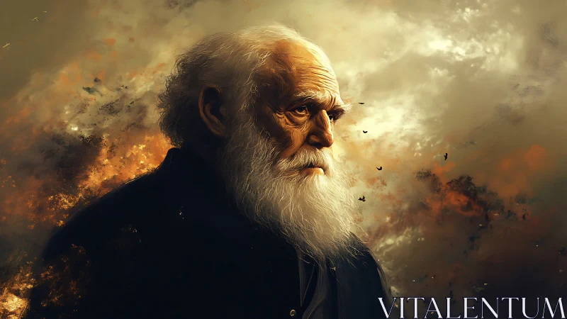 Elderly bearded man portrait amid stormlit ochre cloudscape