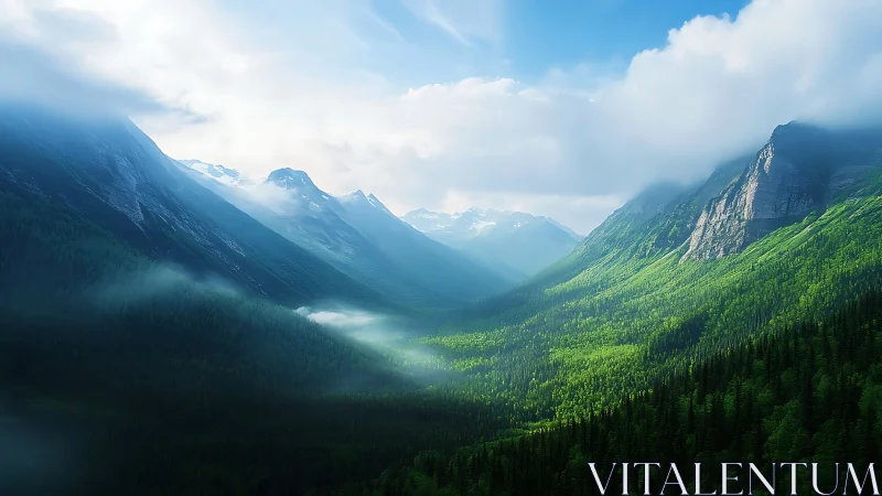 Sunlit alpine valley with atmospheric perspective and soft volumetric haze
