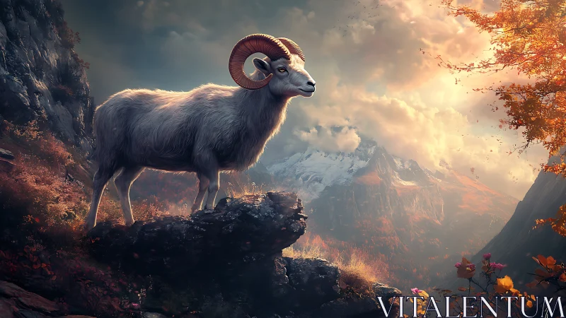 Mountain sheep on rocky ledge in autumn landscape.