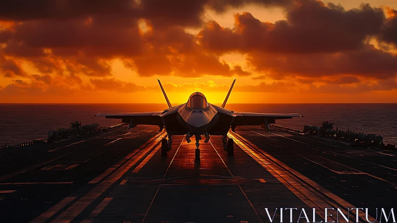 Carrier-based stealth jet silhouetted against stratified sunset glow.