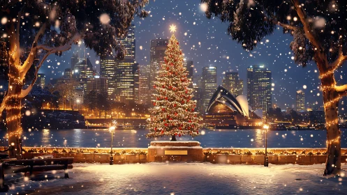 Digital painting of festive city waterfront with snowlit tree.