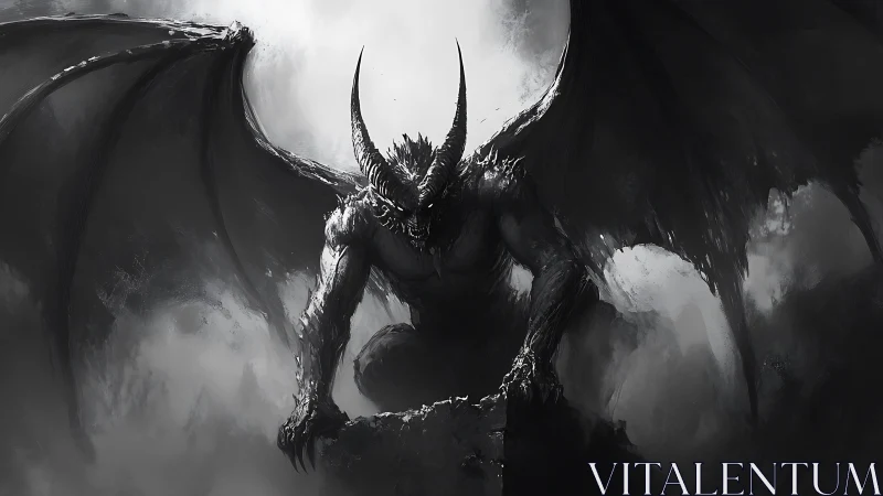 Midnight dragon guardian rises in stormy monochrome skies