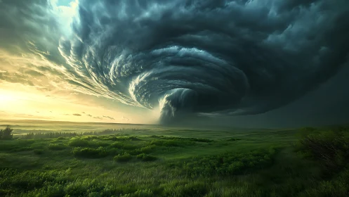 Supercell vortex over verdant plains at cinematic sunrise.
