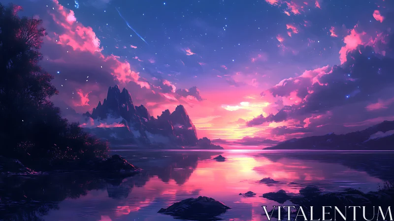 Pink twilight sky over reflective fantasy mountain lake.