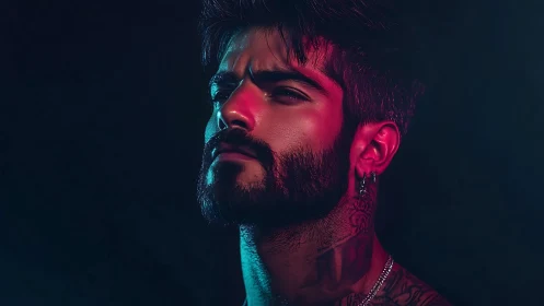 Neon-shadowed gaze sculpts a rebel portrait from darkness