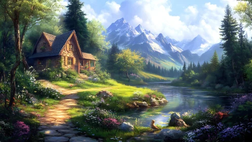Cozy riverside cottage nestled under bright mountain skies.