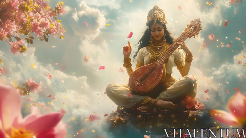 Celestial veena muse drifting through clouds and petals.