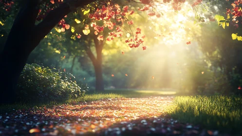 Sunlit garden path glows beneath drifting cherry petals