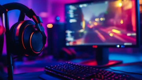 Gaming desk with headphones and monitor in neon light.