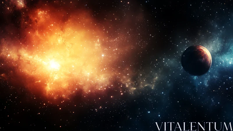 Fiery nebula engulfs deep space as a lone planet drifts away