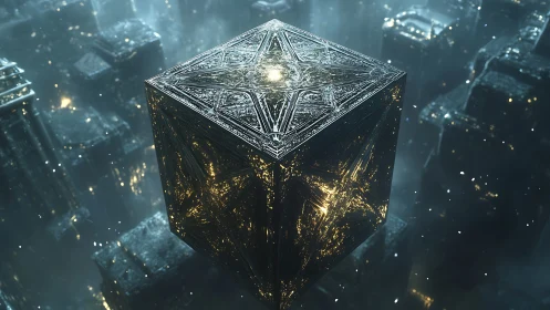 Luminous floating cube over a misty futuristic cityscape.
