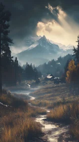 Golden valley path leads toward snow-laden alpine peaks