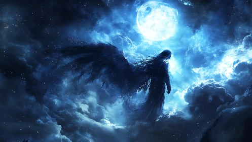 Luminous lunar backlit winged silhouette in turbulent nebular clouds.